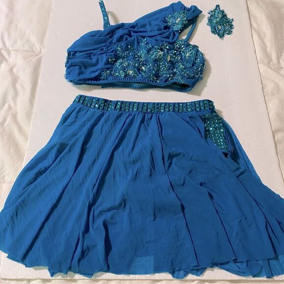 Glamour solo 2 piece dance costume teal blue lyrical embellished bling MA adult - Picture 4 of 11
